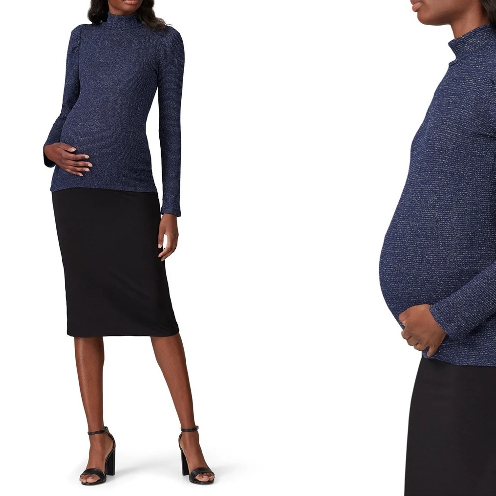 Rachel Pally Ada Navy Blue Metallic Rib Long Sleeve‎ Mock Neck Sweater Sz M